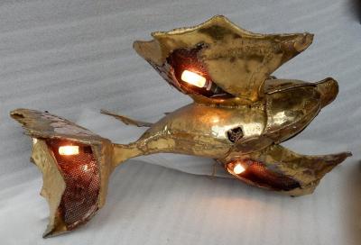 Jacques Duval Brasseur 1970 Eluminating Brass Fish Coffee Table with Mika Violet Style Duval Brasseur