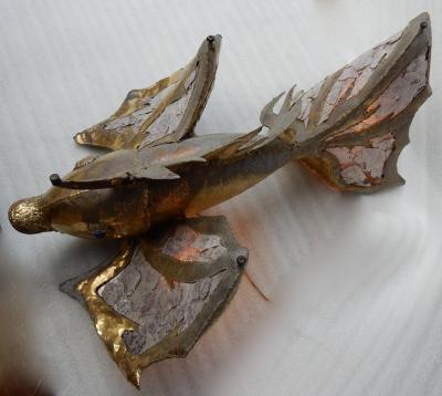 Jacques Duval Brasseur 1970 Eluminating Brass Fish Coffee Table with Mika Violet Style Duval Brasseur