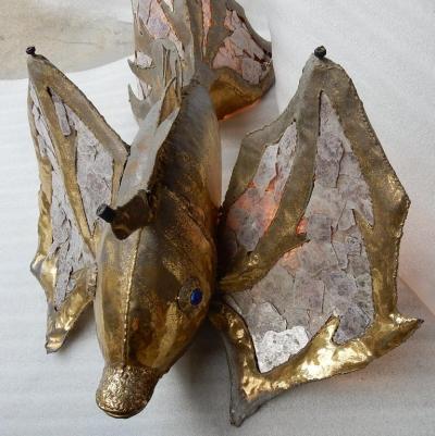 Jacques Duval Brasseur 1970 Eluminating Brass Fish Coffee Table with Mika Violet Style Duval Brasseur