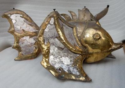 Jacques Duval Brasseur 1970 Eluminating Brass Fish Coffee Table with Mika Violet Style Duval Brasseur