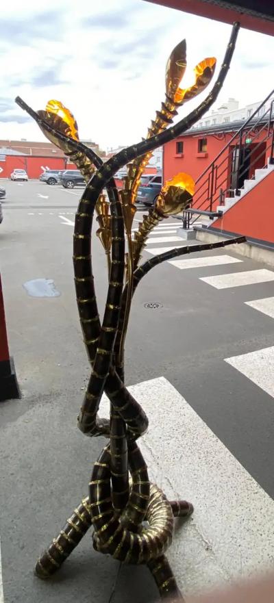 Jacques Duval Brasseur 1970 Yuka Palm Tree Floor Lamp in Brass and Patinated Iron Maison Jansen 3 Head