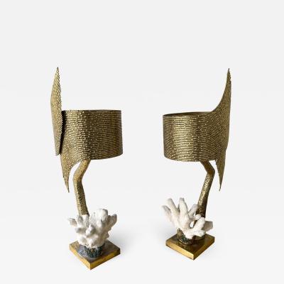 Jacques Duval Brasseur Pair of Brass and Coral Lamps by Jacques Duval Brasseur France 1970s