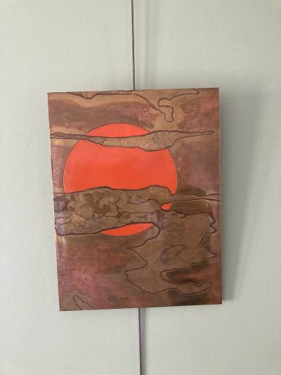 Jacques Potage 1970s Decorative wall panel in etched brass and laque by Jacques Potage