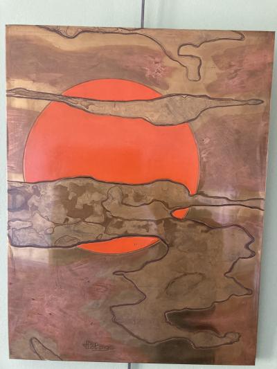 Jacques Potage 1970s Decorative wall panel in etched brass and laque by Jacques Potage