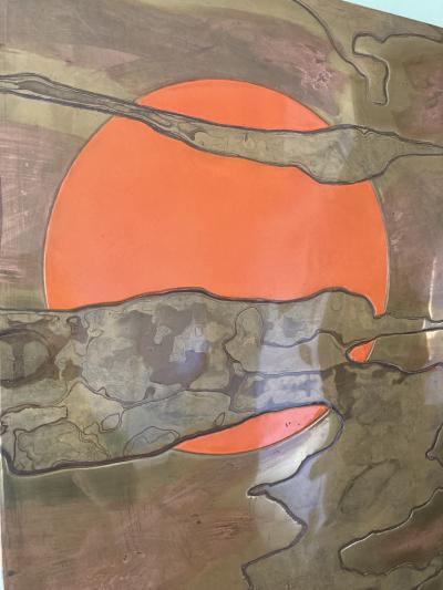 Jacques Potage 1970s Decorative wall panel in etched brass and laque by Jacques Potage