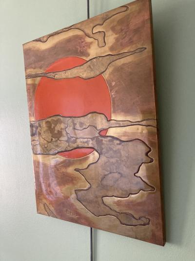 Jacques Potage 1970s Decorative wall panel in etched brass and laque by Jacques Potage