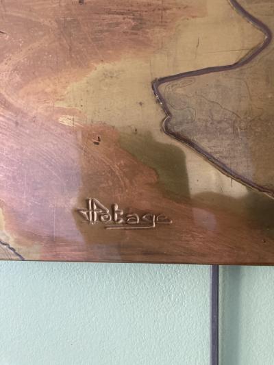 Jacques Potage 1970s Decorative wall panel in etched brass and laque by Jacques Potage