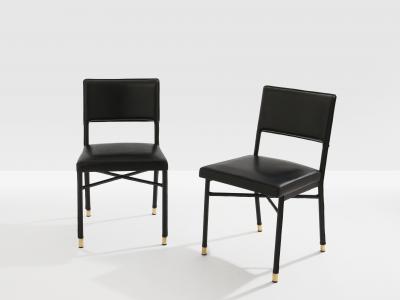 Jacques Quinet Jacques Quinet pair of saddle stitched leather brass side chairs 1950