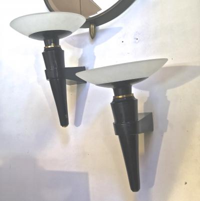 Jacques Quinet Jacques Quinet superb oxidized bronze and glass pair of sconces