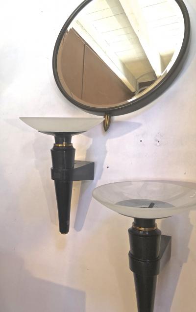 Jacques Quinet Jacques Quinet superb oxidized bronze and glass pair of sconces
