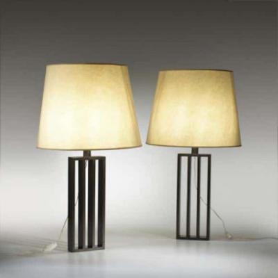 Jacques Quinet Pair French Mid Century Modern Bronzed Iron Table Lamps Style of Jacques Quinet