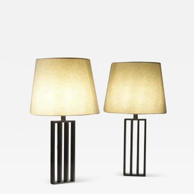 Jacques Quinet Pair French Mid Century Modern Bronzed Iron Table Lamps Style of Jacques Quinet