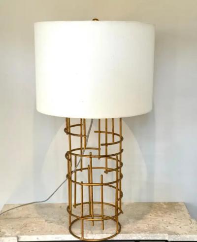 Jacques Quinet Pair of French Mid Century Modern Gilt Iron Table Lamps attr to Jacques Quinet