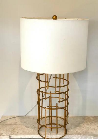 Jacques Quinet Pair of French Mid Century Modern Gilt Iron Table Lamps attr to Jacques Quinet