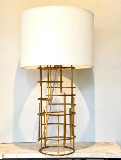 Jacques Quinet Pair of French Mid Century Modern Gilt Iron Table Lamps attr to Jacques Quinet