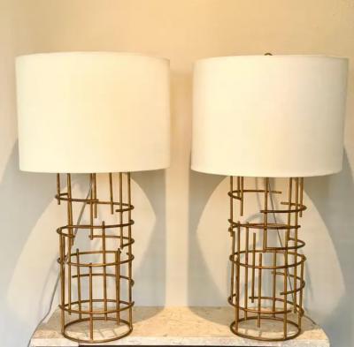 Jacques Quinet Pair of French Mid Century Modern Gilt Iron Table Lamps attr to Jacques Quinet