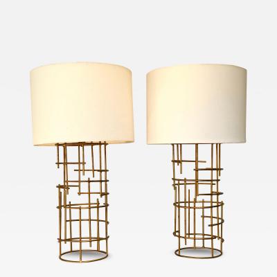 Jacques Quinet Pair of French Mid Century Modern Gilt Iron Table Lamps attr to Jacques Quinet