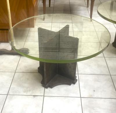 Jacques Quinet Style of Quinet Pair of Coffee Tables with a Solid Iron Base St Gobain Top