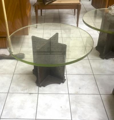 Jacques Quinet Style of Quinet Pair of Coffee Tables with a Solid Iron Base St Gobain Top