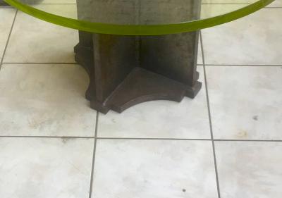 Jacques Quinet Style of Quinet Pair of Coffee Tables with a Solid Iron Base St Gobain Top