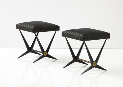 Jacques Tournus Pair Of French Black Mid Century Benches With Brass Accents By Jacques Tournus