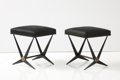 Jacques Tournus Pair Of French Black Mid Century Benches With Brass Accents By Jacques Tournus
