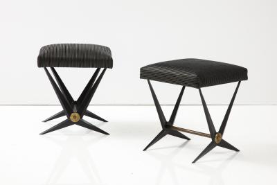 Jacques Tournus Pair Of French Black Mid Century Benches With Brass Accents By Jacques Tournus