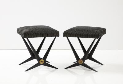 Jacques Tournus Pair Of French Black Mid Century Benches With Brass Accents By Jacques Tournus