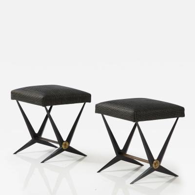 Jacques Tournus Pair Of French Black Mid Century Benches With Brass Accents By Jacques Tournus