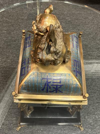 James Mont BEAUTIFUL BRONZE ENAMEL FOO DOG INCENSE BURNER COFFEE TABLE