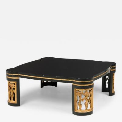 James Mont Black Lacquer Floral Parcel Gilt Low Coffee Table Attributed to James Mont