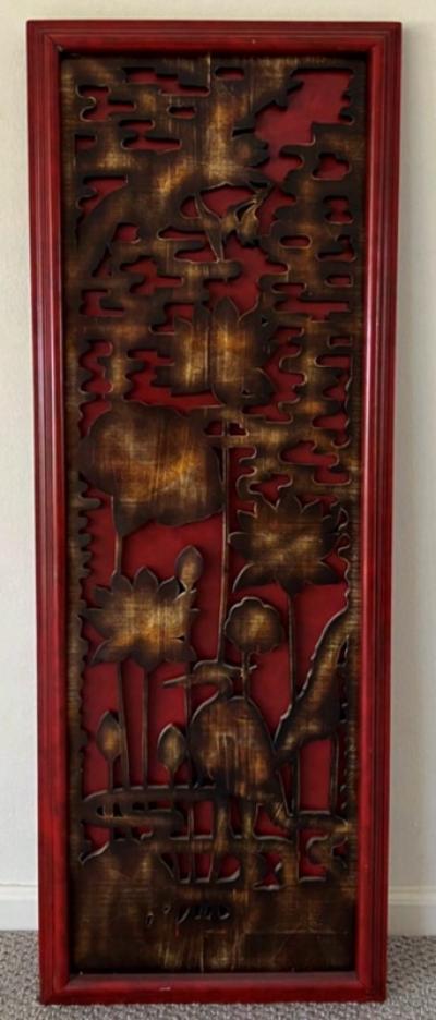James Mont CARVED WOOD ASIAN THEMED RED BLACK AND GOLD PANEL BY JAMES MONT
