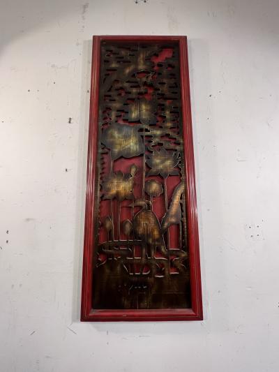 James Mont CARVED WOOD ASIAN THEMED RED BLACK AND GOLD PANEL BY JAMES MONT