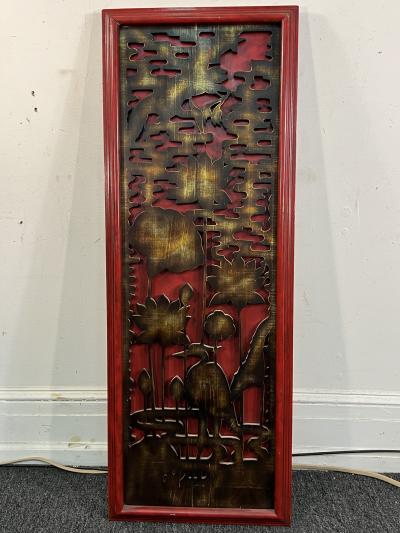 James Mont CARVED WOOD ASIAN THEMED RED BLACK AND GOLD PANEL BY JAMES MONT