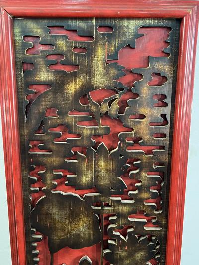 James Mont CARVED WOOD ASIAN THEMED RED BLACK AND GOLD PANEL BY JAMES MONT