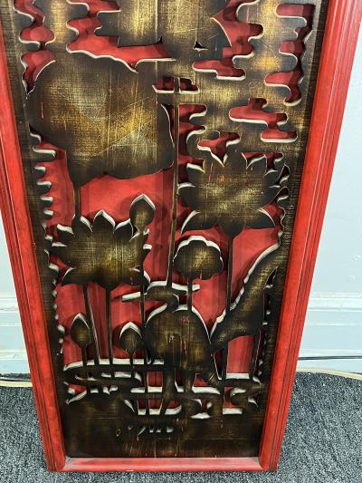 James Mont CARVED WOOD ASIAN THEMED RED BLACK AND GOLD PANEL BY JAMES MONT