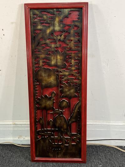 James Mont CARVED WOOD ASIAN THEMED RED BLACK AND GOLD PANEL BY JAMES MONT