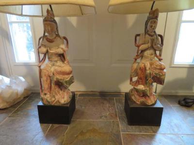 James Mont Dramatic Pair of James Mont Hollywood Regency Chinese Figural Lamps Mid Century