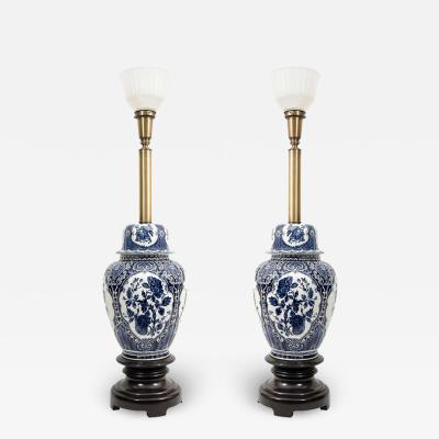 James Mont EXCEPTIONAL PAIR OF BLUE WHITE CHINOISERIE GINGER JAR CERAMIC LAMPS