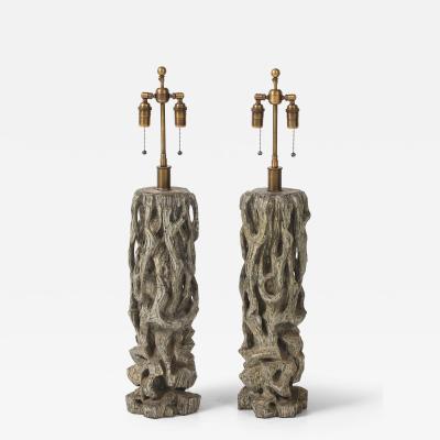 James Mont Exceptional Pair of Carved Gnarly Tree Form Lamps by James Mont 