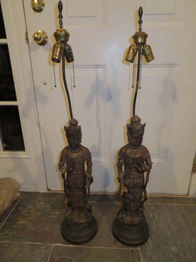 James Mont Fantastic Pair of James Mont Style Asian Figural Buddha Lamps Mid Century Modern