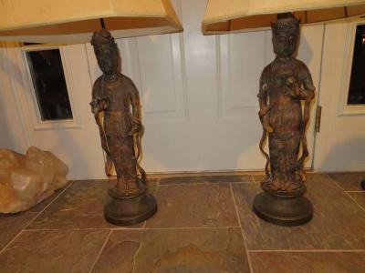 James Mont Fantastic Pair of James Mont Style Asian Figural Buddha Lamps Mid Century Modern