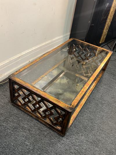 James Mont GOLD METALLIC LEAF WOOD LATTICE MIRROR DOUBLE TIER COFFEE TABLE BY JAMES MONT