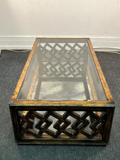 James Mont GOLD METALLIC LEAF WOOD LATTICE MIRROR DOUBLE TIER COFFEE TABLE BY JAMES MONT