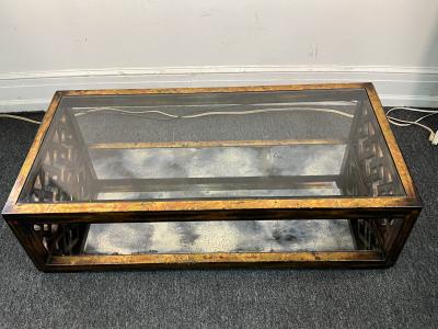 James Mont GOLD METALLIC LEAF WOOD LATTICE MIRROR DOUBLE TIER COFFEE TABLE BY JAMES MONT