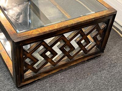 James Mont GOLD METALLIC LEAF WOOD LATTICE MIRROR DOUBLE TIER COFFEE TABLE BY JAMES MONT