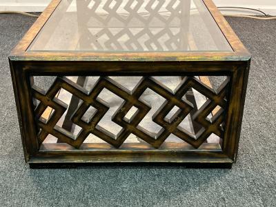James Mont GOLD METALLIC LEAF WOOD LATTICE MIRROR DOUBLE TIER COFFEE TABLE BY JAMES MONT