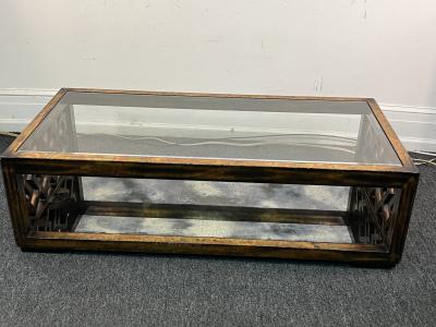 James Mont GOLD METALLIC LEAF WOOD LATTICE MIRROR DOUBLE TIER COFFEE TABLE BY JAMES MONT