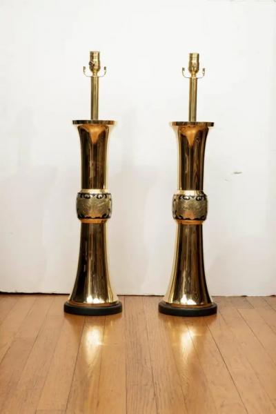 James Mont Large Pair of Brass Lamps by James Mont