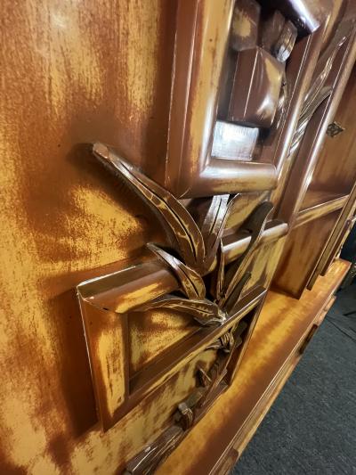 James Mont MID CENTURY CARVED BAMBOO DESIGN LACQUERED WOOD CABINET BY JAMES MONT